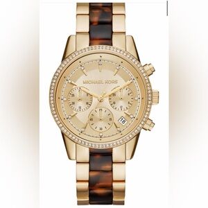 Michael Kors Ritz Chronograph Gold Dial Two Tone Steel Strap Watch For Women